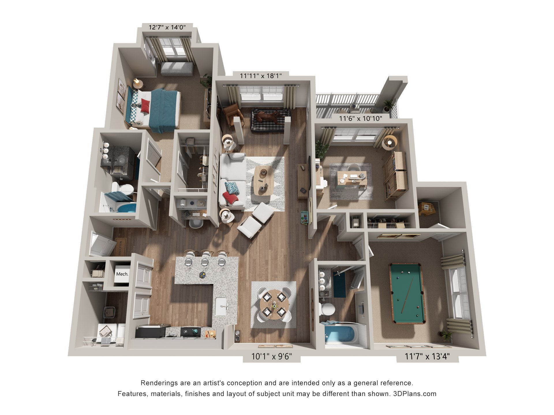 Floor plan for 3 beds, 2 baths, 1517 sqft